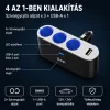 X-start 4 az 1-ben autós szivargyújtó elosztó USB porttal – 120W, 3× aljzat + 1× USB, LED világítás