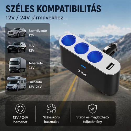 X-start 4 az 1-ben autós szivargyújtó elosztó USB porttal – 120W, 3× aljzat + 1× USB, LED világítás