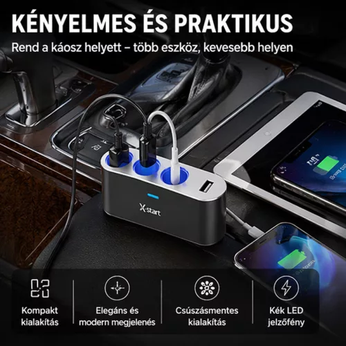 X-start 4 az 1-ben autós szivargyújtó elosztó USB porttal – 120W, 3× aljzat + 1× USB, LED világítás