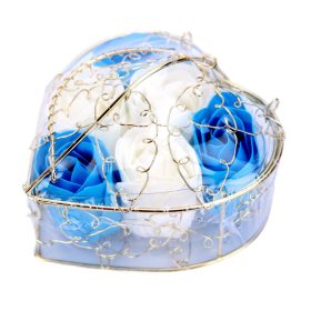   Illatos rózsabox szappanrózsa csokor romantikus szív alakú dobozban, 6 db kék-fehér rózsával