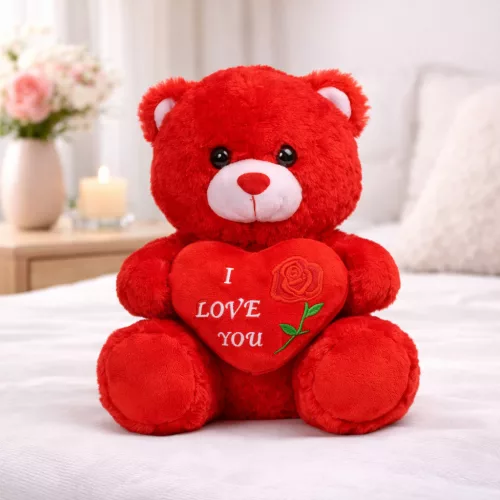 Plüss maci „I LOVE YOU” szívvel – piros plüss játék 21 cm, romantikus ajándék