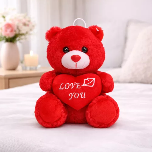 Plüss maci „Love You” szívvel – piros plüss játék 21 cm, romantikus ajándék