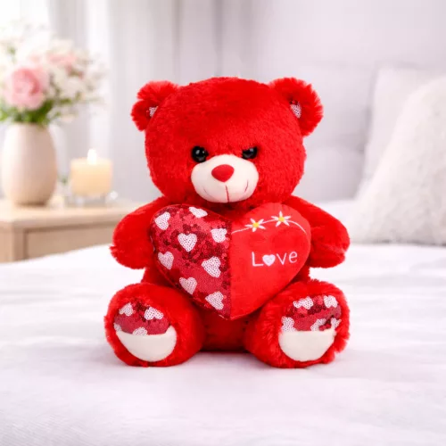 Plüss maci „Love” szívvel – piros plüss játék 30 cm, romantikus ajándék