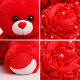   Plüss maci „Love” virágcsokorral – piros plüss játék 25 cm, romantikus ajándék