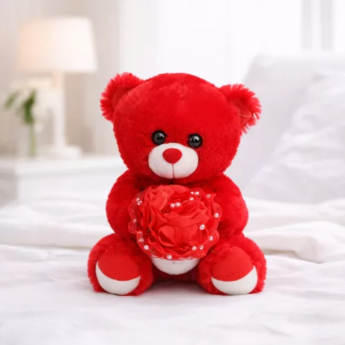 Plüss maci „Love” virágcsokorral – piros plüss játék 25 cm, romantikus ajándék
