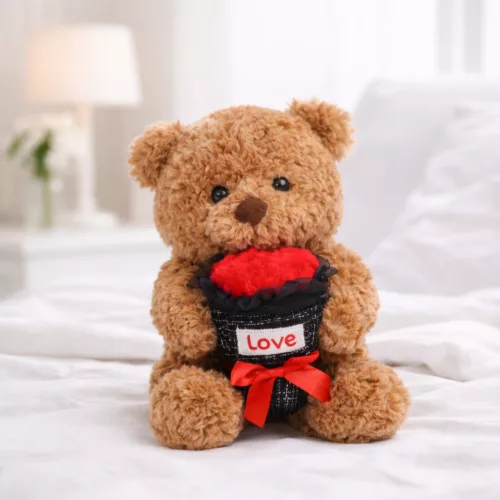 Plüss maci „Love” virágcsokorral – barna plüss játék 30 cm, romantikus ajándék
