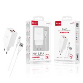   X-Start 3.1A dupla USB fali töltő készlet – USB–Lightning kábel / iPhone, gyorstöltés, 100–240V
