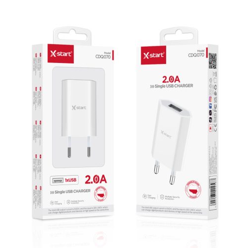 X-start hálózati USB töltő 2.0A – egyportos gyors töltő, fehér (Model CDQ070)
