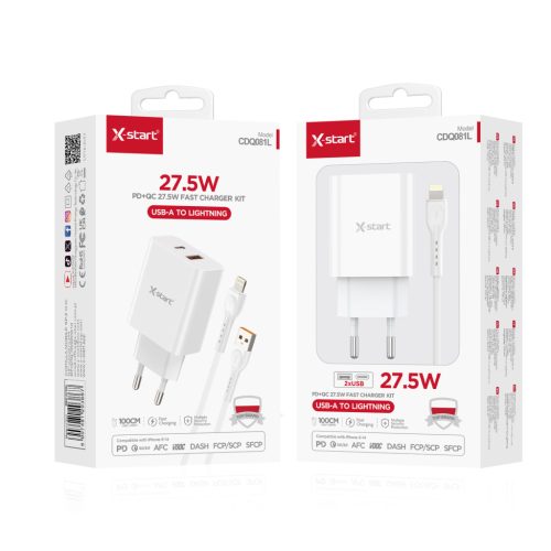 X-start 27.5W Gyors Töltőfej USB-A → Lightning kábellel – PD + QC gyorstöltés, iPhone kompatibilis (CDQ081L)