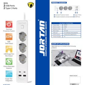   JORTAN hosszabbító 3 aljzattal, 2 USB és 2 USB-C porttal, LED jelzőfénnyel, 2 m kábel