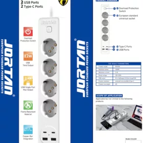   JORTAN hosszabbító 4 aljzattal, 2 USB és 2 USB-C porttal, LED jelzőfénnyel, 2 m kábel