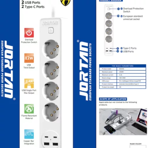 JORTAN hosszabbító 4 aljzattal, 2 USB és 2 USB-C porttal, LED jelzőfénnyel, 2 m kábel