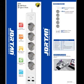   JORTAN hosszabbító 5 aljzattal, 2 USB és 2 USB-C porttal, LED jelzőfénnyel, 2 m kábel