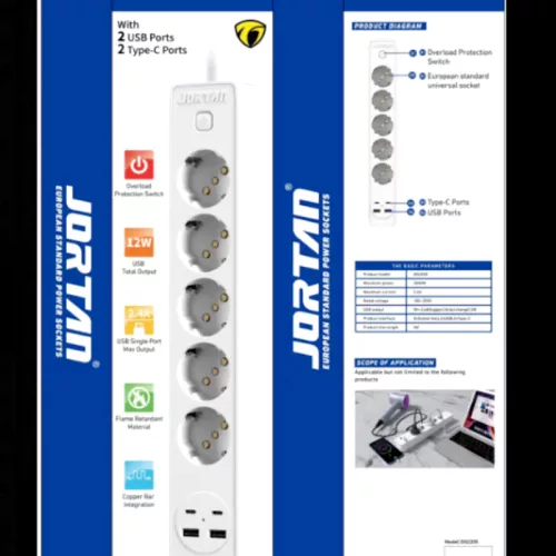 JORTAN hosszabbító 5 aljzattal, 2 USB és 2 USB-C porttal, LED jelzőfénnyel, 2 m kábel