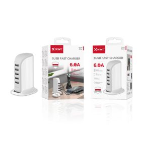   X-start 5 portos USB hálózati gyorstöltő – 6.0A, többkészülékes töltőállomás, kompakt asztali töltő