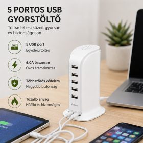   X-start 5 portos USB hálózati gyorstöltő – 6.0A, többkészülékes töltőállomás, kompakt asztali töltő