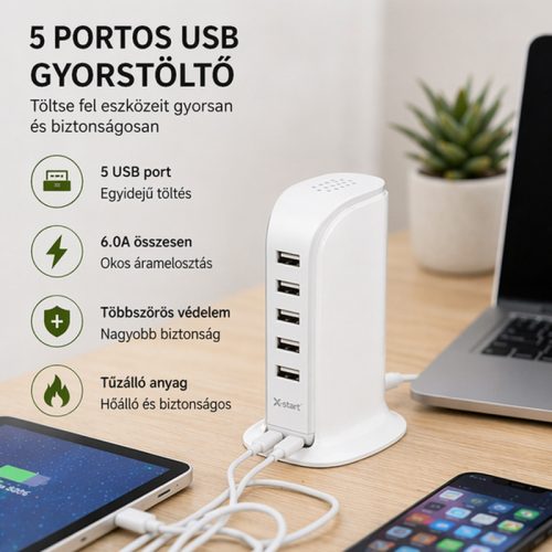 X-start 5 portos USB hálózati gyorstöltő – 6.0A, többkészülékes töltőállomás, kompakt asztali töltő