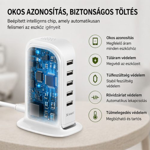 X-start 5 portos USB hálózati gyorstöltő – 6.0A, többkészülékes töltőállomás, kompakt asztali töltő