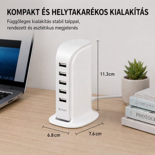 X-start 5 portos USB hálózati gyorstöltő – 6.0A, többkészülékes töltőállomás, kompakt asztali töltő