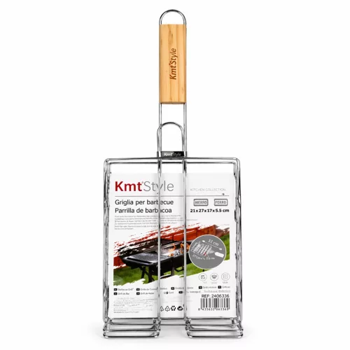 BBQ grill kolbász sütő 51×27×17×5,5 cm – rozsdamentes húsrács fa nyéllel