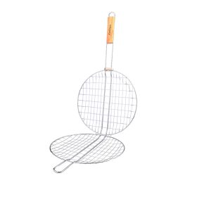   Kerek BBQ grill rács fa nyéllel – zárható barbecue sütőrács 30 cm átmérővel