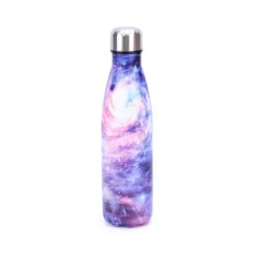   500 ml-es vákumszigetelt rozsdamentes acél termosz – lilás galaxis mintás, stílusos hőtartó kulacs