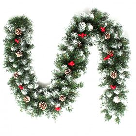   Karacsonyi fenyő girland piros bogyós toboz és műhó dekorációval 2,7 méter hosszú, hajlítható kivitelben 