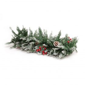   Karacsonyi fenyő girland piros bogyós toboz és műhó dekorációval 2,7 méter hosszú, hajlítható kivitelben 