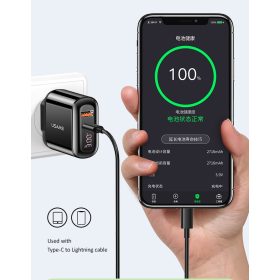   USAMS T23 CC085 QC3.0 + PD3.0 18W, digitális kijelzővel gyorstöltésű töltő, USB és Type C kimenettel - Fekete