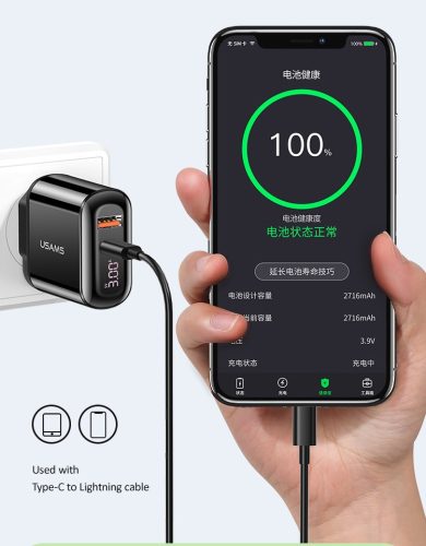 USAMS T23 CC085 QC3.0 + PD3.0 18W, digitális kijelzővel gyorstöltésű töltő, USB és Type C kimenettel - Fekete