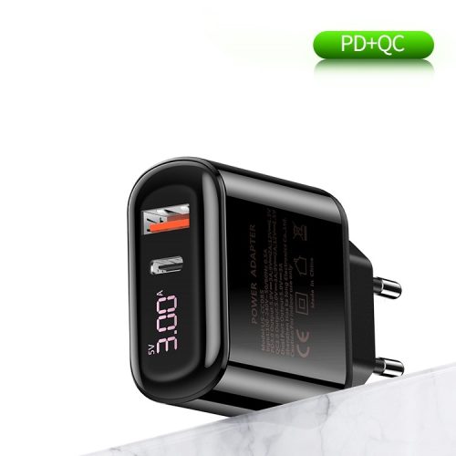 USAMS T23 CC085 QC3.0 + PD3.0 18W, digitális kijelzővel gyorstöltésű töltő, USB és Type C kimenettel - Fekete