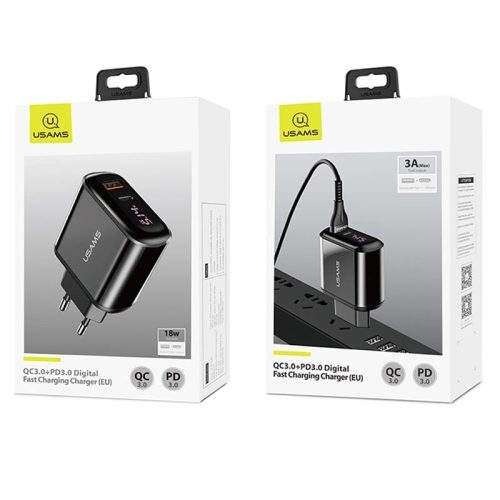 USAMS T23 CC085 QC3.0 + PD3.0 18W, digitális kijelzővel gyorstöltésű töltő, USB és Type C kimenettel - Fekete