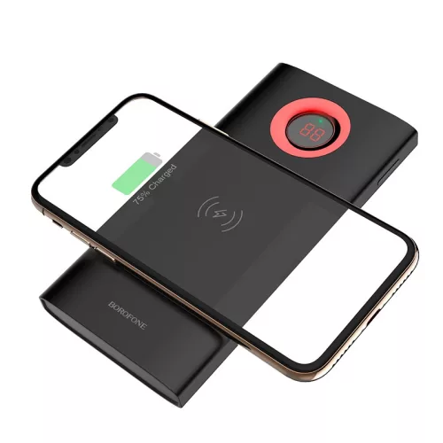 BOROFONE BT16 Power bank vezeték nélküli töltéssel 5W 10000mAh, vezeték nélküli + 2db 2A USB kimenettel,  LED kijelző - Fekete