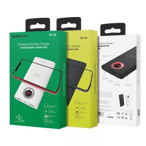 BOROFONE BT16 Power bank vezeték nélküli töltéssel 5W 10000mAh, vezeték nélküli + 2db 2A USB kimenettel,  LED kijelző - Fekete
