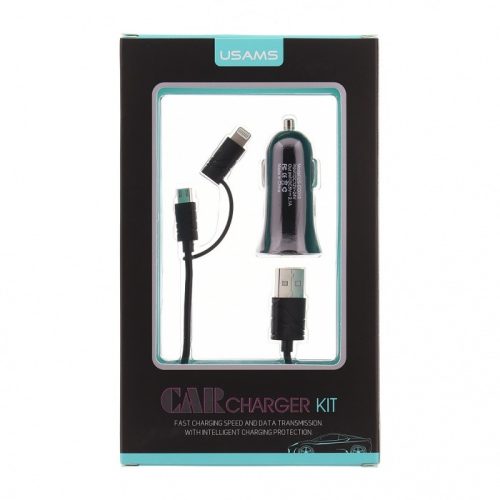 USAMS CC013 Autós szivargyújtó töltő Dupla USB + U-Gee 2v1 Kábel - Fekete