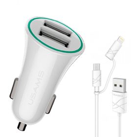  USAMS CC013 Autós szivargyújtó töltő Dupla USB + U-Gee 2v1 Kábel - Fehér