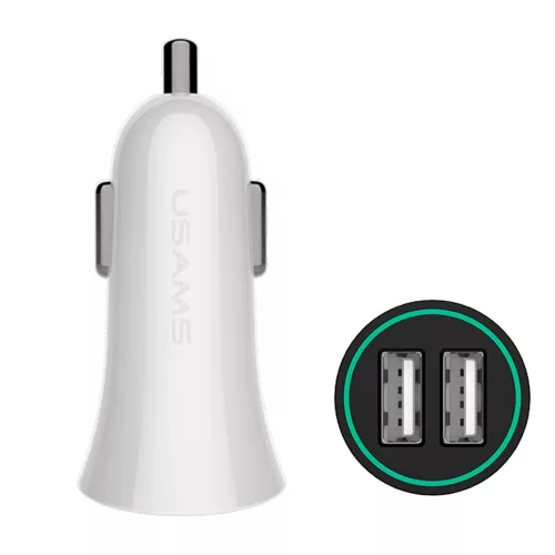 USAMS CC013 Autós szivargyújtó töltő Dupla USB + U-Gee 2v1 Kábel - Fehér