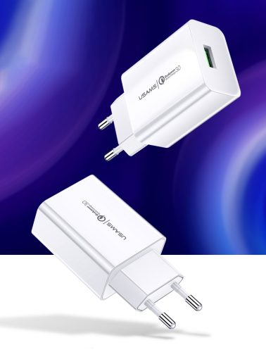 USAMS T22 Gyorstöltő, Utazó töltő, 18W USB QC3.0 - Fehér 