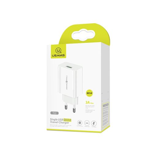 USAMS T22 Gyorstöltő, Utazó töltő, 18W USB QC3.0 - Fehér 