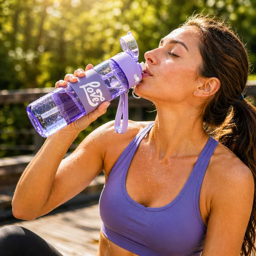 680 ml-es motivációs sport kulacs szívószállal és mérőskálával – BPA-mentes ivópalack, lila