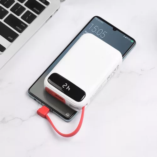 HOCO J40 Hordozható Power Bank 10000 mAh, 1x USB + integrált Lightning kábellel kimenet - Fehér
