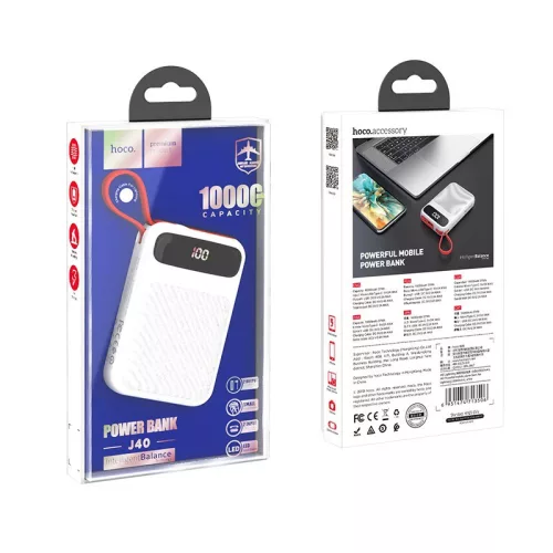HOCO J40 Hordozható Power Bank 10000 mAh, 1x USB + integrált Lightning kábellel kimenet - Fehér