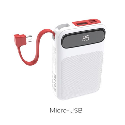 HOCO J40 Hordozható Power Bank 10000 mAh, 1x USB + integrált Micro-USB kábellel kimenet - Fehér