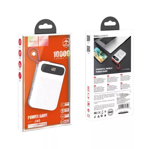 HOCO J40 Hordozható Power Bank 10000 mAh, 1x USB + integrált Micro-USB kábellel kimenet - Fehér