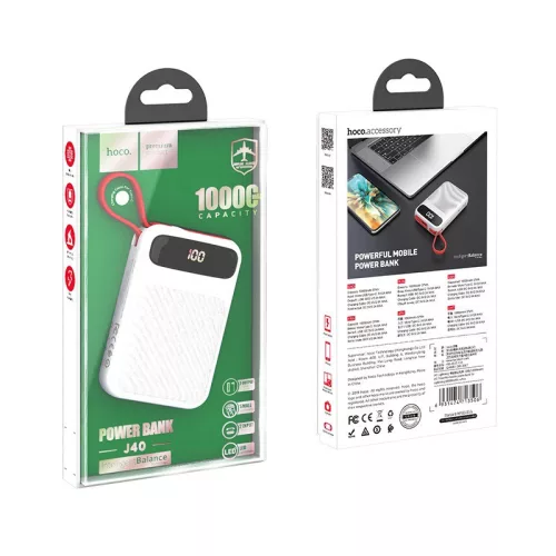 HOCO J40 Hordozható Power Bank 10000 mAh, 1x USB + integrált Type-C kábellel kimenet - Fehér