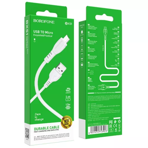 BOROFONE BX51 USB Micro  töltő és adatkábel 1m 2.4A - Fehér