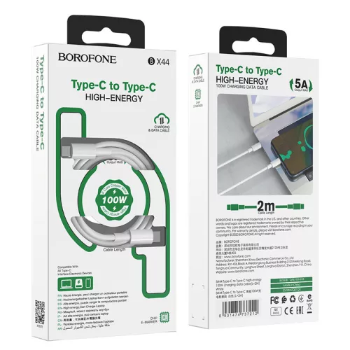 BOROFONE BX44 High-Energy Type-C/Type-C adat/töltőkábel 100W 5A 2m - Fehér