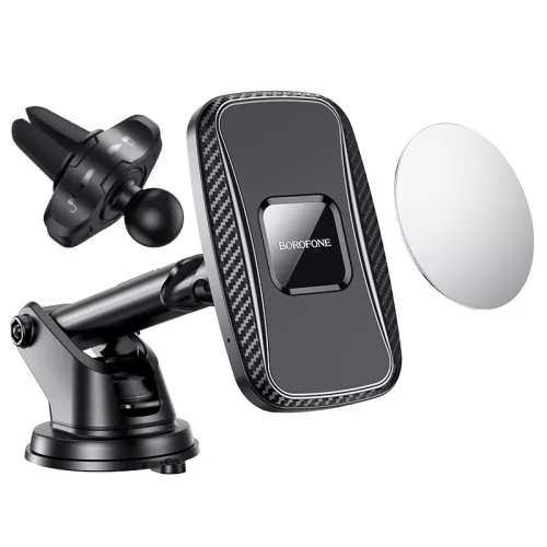 BOROFONE BH35 Mágneses Vezeték nélküli töltő autós tartó 15W,  levegő kimenethez és műszerfalhoz - Fekete