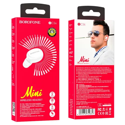 BOROFONE BC34 Mini vezeték nélküli bluetooth-os mono fülhallgató - fehér