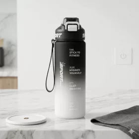   650 ml-es motivációs sport kulacs időjelöléssel és szívószállal – BPA-mentes ivópalack, fehér-fekete átmenetes